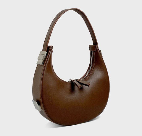 Handmade waterproof brown luna crescent 100% top grain genuine leather bag for women with inner pocket and inner lining