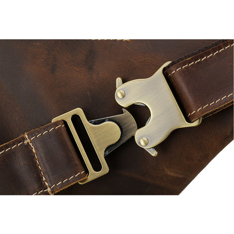 Brown fanny pack full grain cow leather leather bag with headphone hole and solid tuck closure and hardware