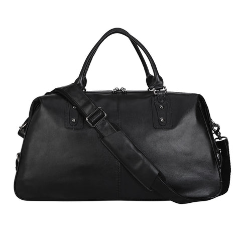 Black top-grain genuine leather travel or gym bag with large inner compartments and adjustable shoulder straps.