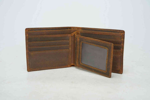 Brown bifold & ultra-slim top grain leather wallet with many compartments and RFID-shielded 