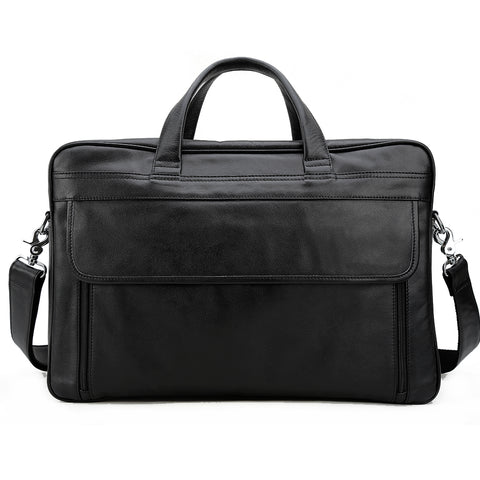 Handmade black top grain leather briefcase bag with Inner canvas lining, many pockets, and laptop compartment.