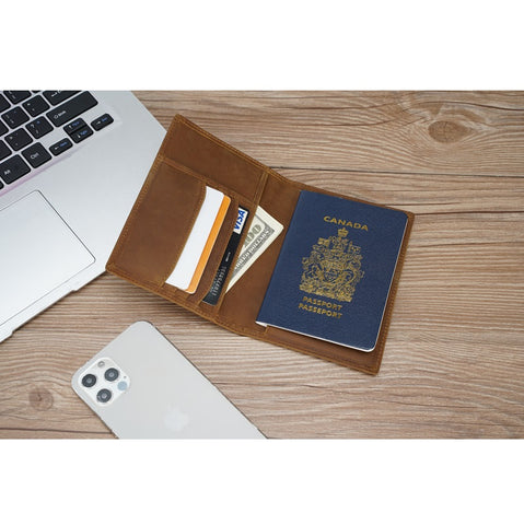 Light brown 100% top grain genuine leather passport wallet with RFID-shielded technology.
