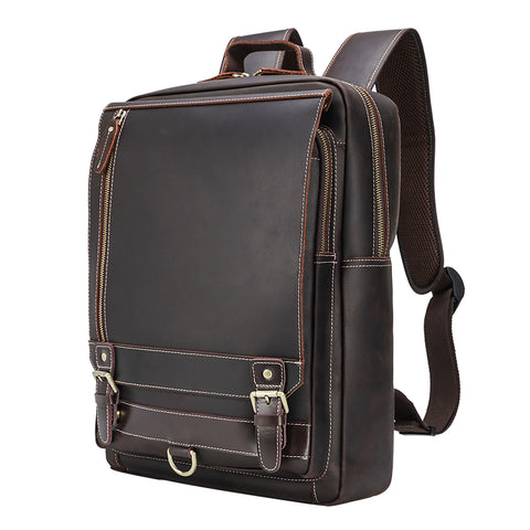 Handmade dark brown full grain cow genuine leather backpack with laptop compartment, many zippered pockets and pen loop.