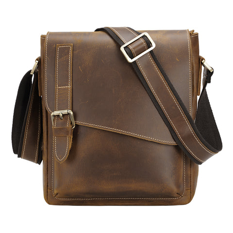 Light brown crossbody satchel full-grain cow leather bag for men with adjustable shoulder strap, 2 main inner compartments and many pockets.