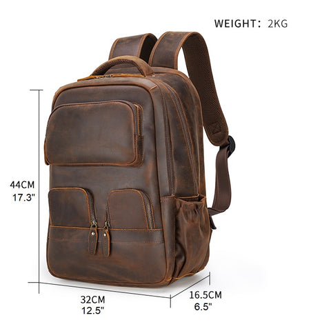 Handmade water-resistant brown full grain genuine leather backpack bag with laptop compartment, many large pockets and breathable back panel.