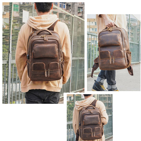 Handmade water-resistant brown full grain genuine leather backpack bag with laptop compartment, many large pockets, USB charging port and breathable back panel.