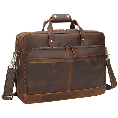 Handmade dark brown top grain leather briefcase bag with Inner canvas lining, many pockets and laptop compartment