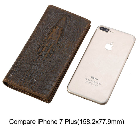 Brown crocodile 100% top grain genuine long leather wallet with RFID-shielded technology, many card slots and compartment pockets compare with iPhone 7 plus