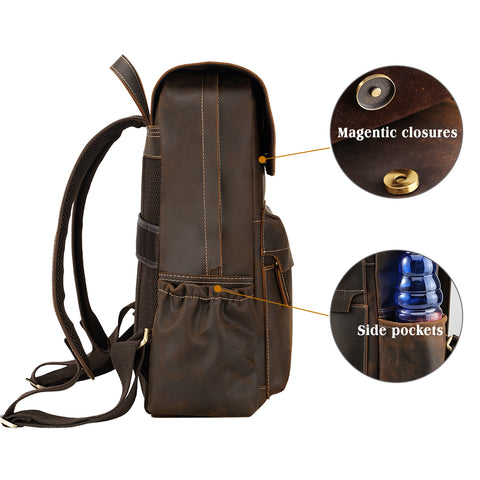 Handmade water-resistant dark brown full grain cow leather backpack with laptop compartment and many zippered pockets