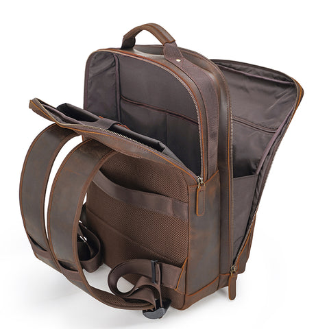 Handmade full grain horse genuine leather retro dark brown backpack bag with laptop compartment, many pockets and adjustable shoulder strap