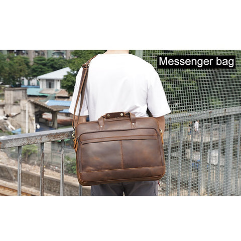 Handmade dark brown top grain leather briefcase bag with Inner canvas lining, many pockets and laptop compartment