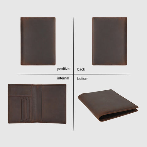 Dark brown 100% top grain genuine leather passport wallet with RFID-shielded technology.