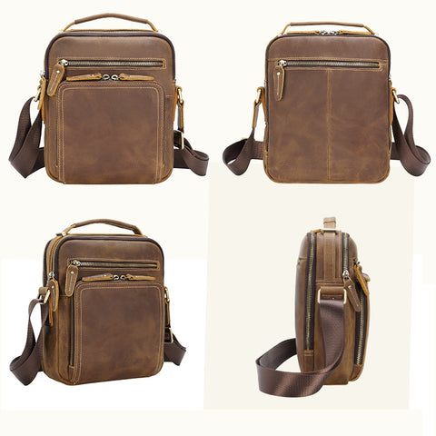 Brown cross body shoulder messenger full grain cow leather bag with adjustable shoulder strap, 2 compartments and many pockets.