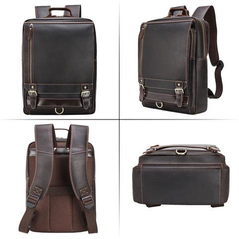 Handmade dark brown full grain cow genuine leather backpack with laptop compartment, many zippered pockets and pen loop.