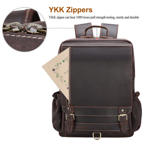 Handmade water-resistant full grain cow genuine leather backpack bag with laptop compartment, multiple inner zipper pocket, breathable back panel, YKK zippers and pen loop