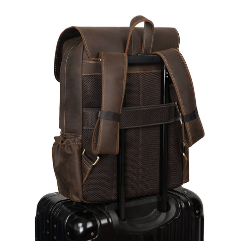 Handmade water-resistant dark brown full grain cow leather backpack with laptop compartment and many zippered pockets