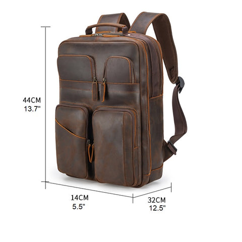 Handmade full grain horse genuine leather retro dark brown backpack bag with laptop compartment, many pockets and adjustable shoulder strap