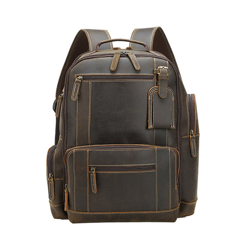 Handmade water-resistant brown full grain leather backpack with laptop compartment and many zippered pockets
