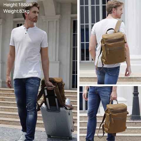 Water-resistant brown vintage Leather Backpack with back panel made of suspended mesh.