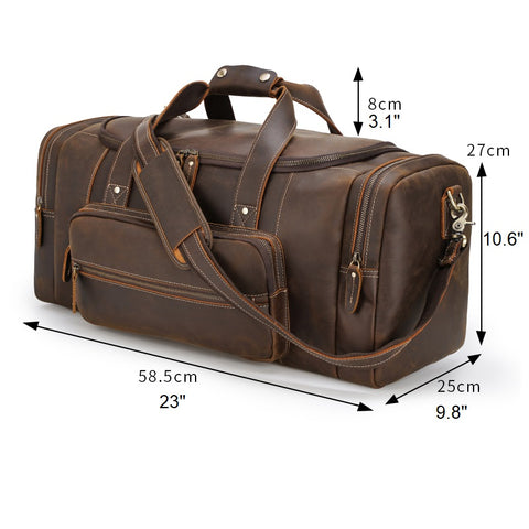 Brown genuine Leather travel bag with laptop compartment, sturdy top handles and adjustable shoulder strap with buckle detail