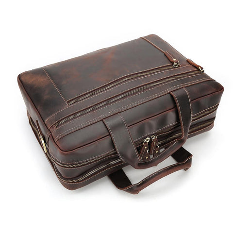 Handmade brown large capacity vintage top grain leather briefcase bag with laptop compartment, many pockets and inner canvas lining
