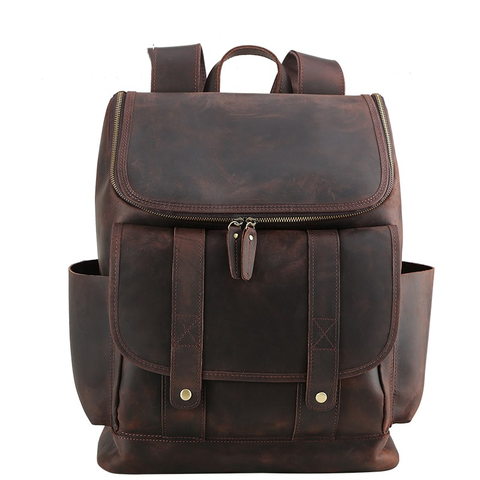 Handmade water-resistant dark brown top grain leather laptop backpack with Inner canvas lining, adjustable strap, many pockets and compartments