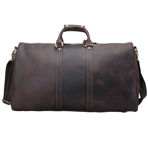 Handmade dark brown duffel full grain cow leather gym bag with many pockets and compartments