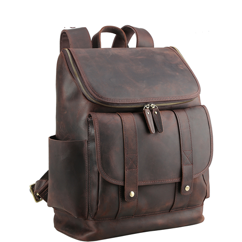 Handmade water-resistant dark brown top grain leather laptop backpack with Inner canvas lining, adjustable strap, many pockets and compartments