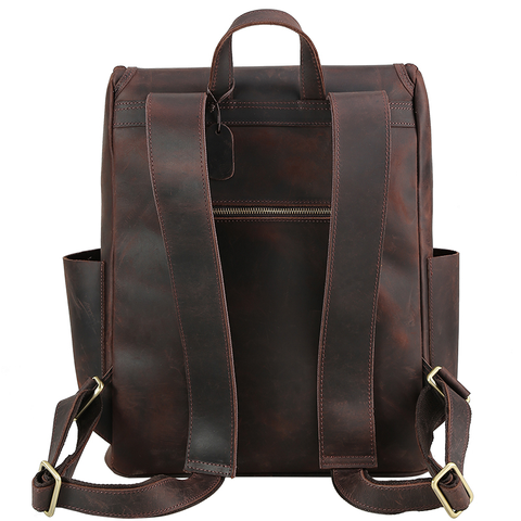 Handmade water-resistant dark brown top grain leather laptop backpack with Inner canvas lining, adjustable strap, many pockets and compartments