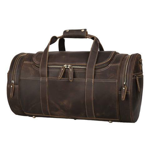Retro Men's Weekender Genuine Leather Travel Duffle luggage  Bag with laptop compartment and outer pockets with zippers.