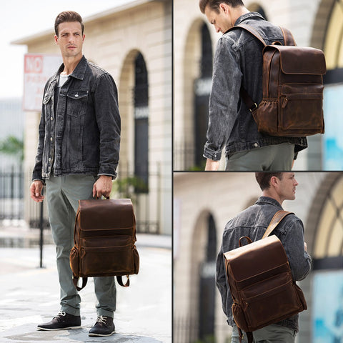 Handmade water-resistant dark brown full grain cow leather backpack with laptop compartment and many zippered pockets