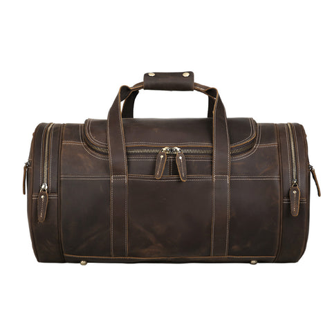 Retro Men's Weekender Genuine Leather Travel Duffle luggage Bag with laptop compartment and outer pockets with zippers.