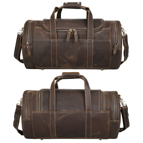 Retro Men's Weekender Genuine Leather Travel Duffle luggage Bag with laptop compartment and outer pockets with zippers.