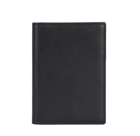 Black 100% top grain genuine leather passport wallet with RFID-shielded technology.
