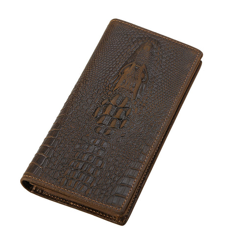 Brown crocodile 100% top grain genuine long leather wallet with RFID-shielded technology, many card slots and compartment pockets