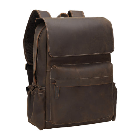 Handmade water-resistant dark brown full grain cow leather backpack with laptop compartment and many zippered pockets