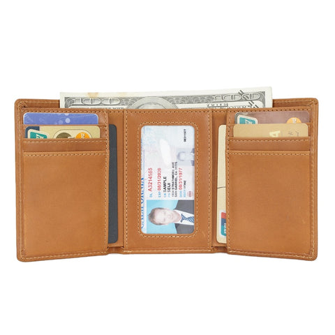 Light brown trifold vintage top-grain genuine leather wallet with large pockets, many card slots and RFID-shielded technology.