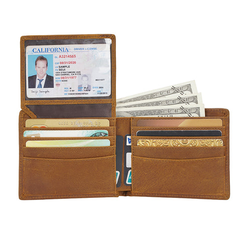 Light brown ultra-slim bifold 100% top grain genuine leather wallet with RFID-shielded technology and 2 ID windows.