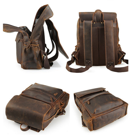 Handmade water-resistant dark brown full grain cow leather backpack with laptop compartment and many zippered pockets
