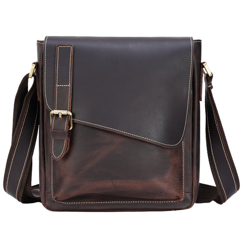 Dark brown crossbody satchel full-grain cow leather bag for men with adjustable shoulder strap, 2 main inner compartments and many pockets.