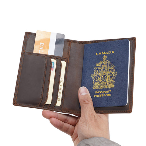 Dark brown 100% top grain genuine leather passport wallet with RFID-shielded technology.