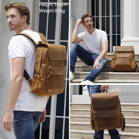 Handmade water-resistant light brown full grain cow leather backpack with laptop compartment and many zippered pockets