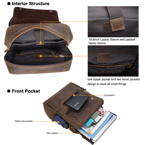 Handmade water-resistant light brown full grain cow leather backpack with laptop compartment and many zippered pockets