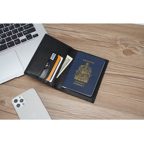 Black 100% top grain genuine leather passport wallet with RFID-shielded technology.