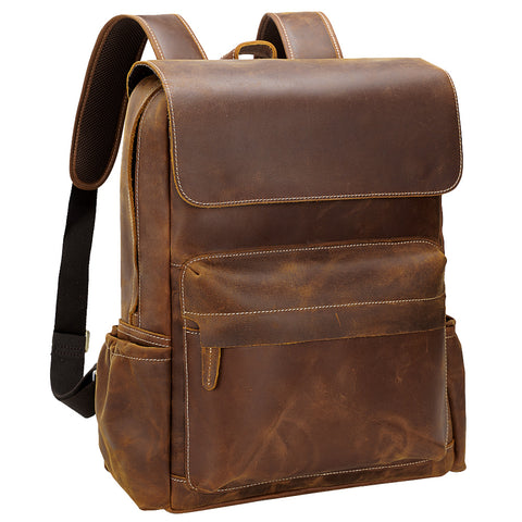 Handmade water-resistant light brown full grain cow leather backpack with laptop compartment and many zippered pockets