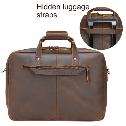 Handmade dark brown top grain leather briefcase bag with Inner canvas lining, hidden luggage straps, many pockets and laptop compartment
