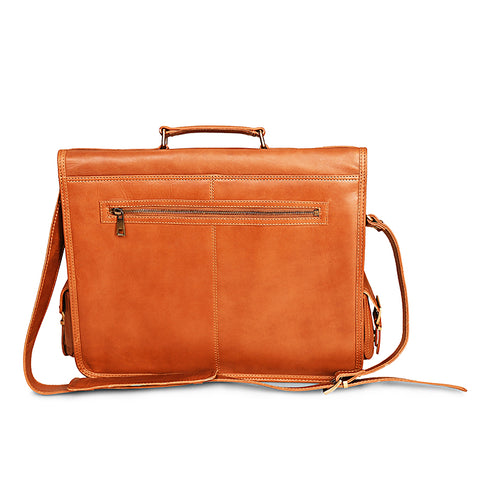 Handmade brown top-grain genuine leather bag with laptop compartment, large front pocket, small side pockets and inner canvas lining