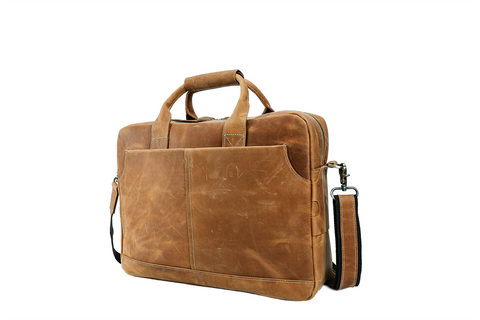 Handmade light brown top grain leather briefcase bag with laptop compartment and inner canvas lining