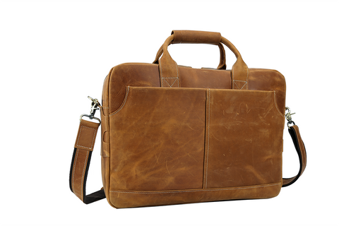 Handmade light brown top grain leather briefcase bag with laptop compartment and inner canvas lining