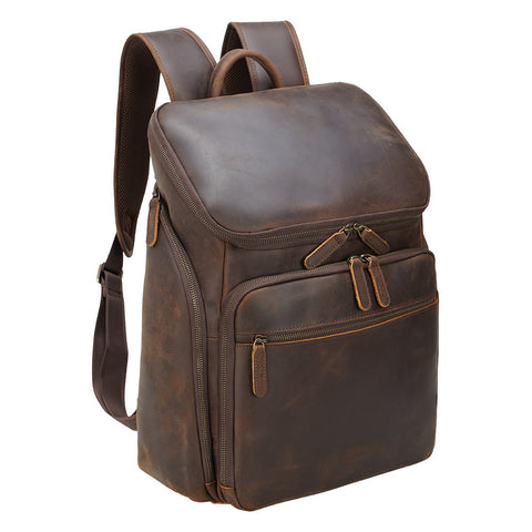 Water-resistant dark brown genuine leather backpack with laptop compartment and many pockets.